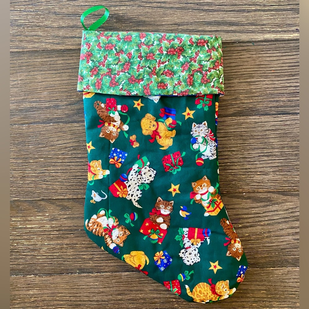 NEW Handmade Christmas Stocking 14” Cat Dog Reversible Candy Cane Green Made USA